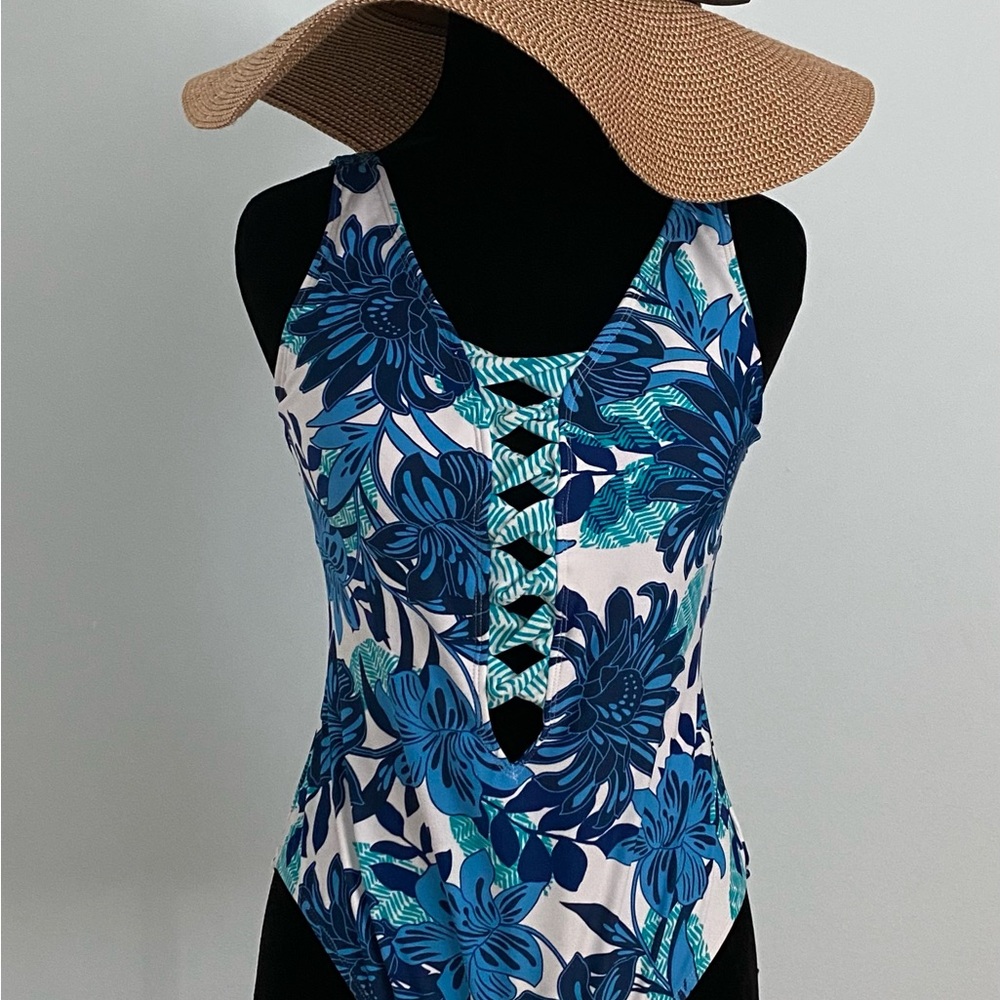 NEW Bleu Rod Beattie Tropical Blue One Piece Swimsuit V-Neck